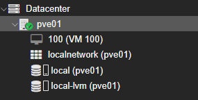 Proxmox overview (node, VM, networks, storage)